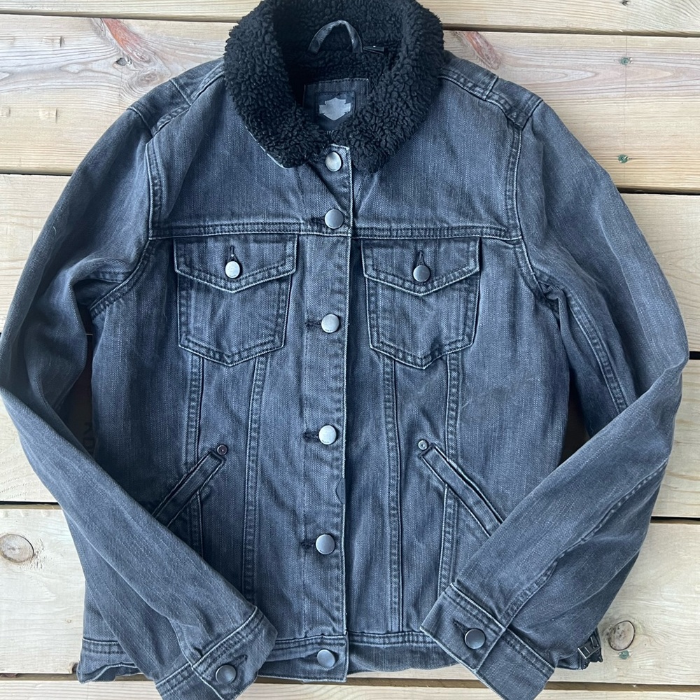 Harley-Davidson Women’s Black Denim Sherpa Lined Jean Jacket Size Small